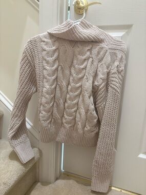 Pink Rose Cable Knit Turtleneck Sweater - Cream